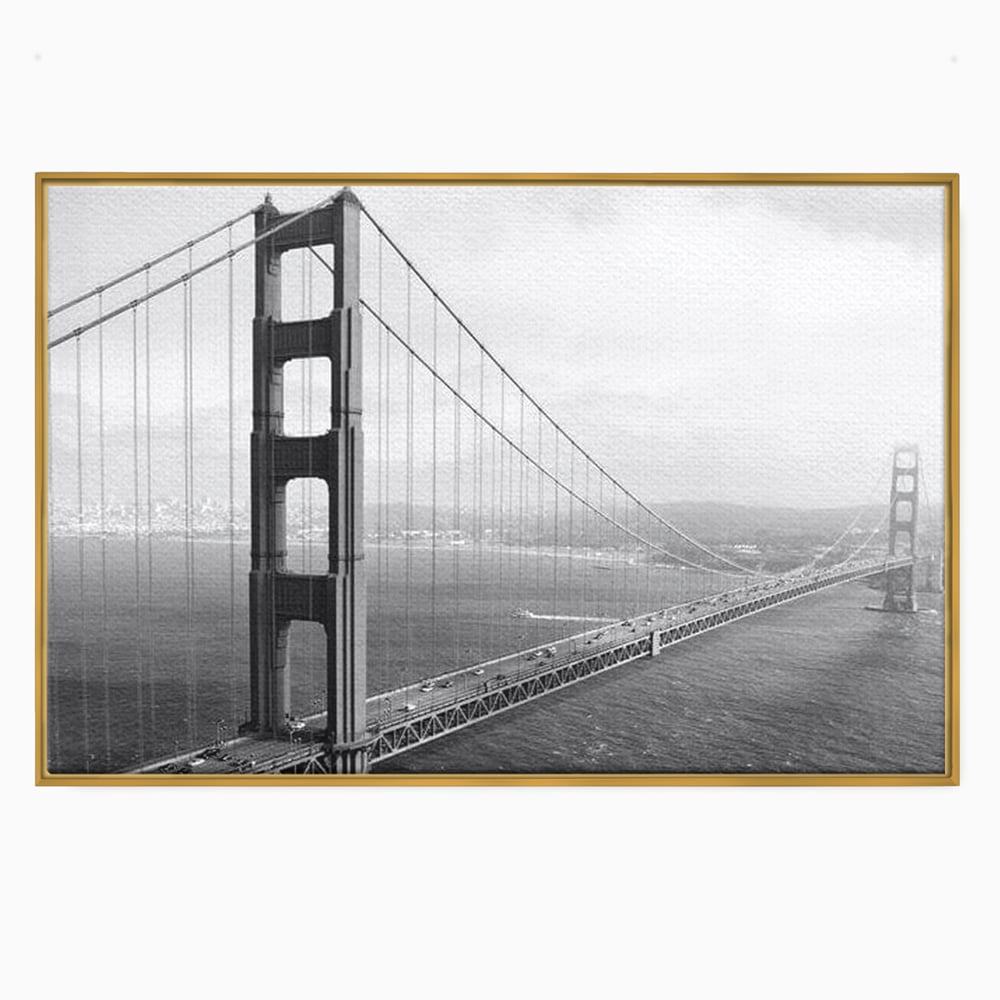 Tablou canvas cu fotografie alb-negru cu podul golden gate, in rama de aluminiu auriu